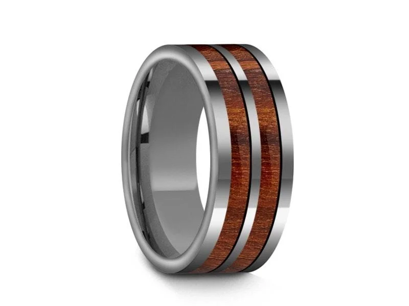 8MM HAWAIIAN Koa Wood Tungsten Wedding Band FLAT AND GRAY INTERIOR