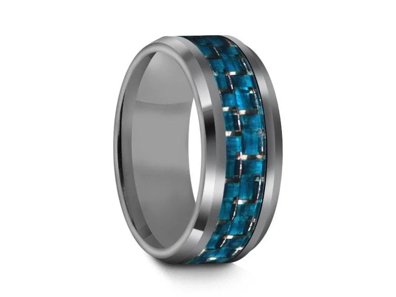 8MM BLUE Carbon Fiber Inlay Tungsten Wedding Band BEVELED AND GRAY INTERIOR