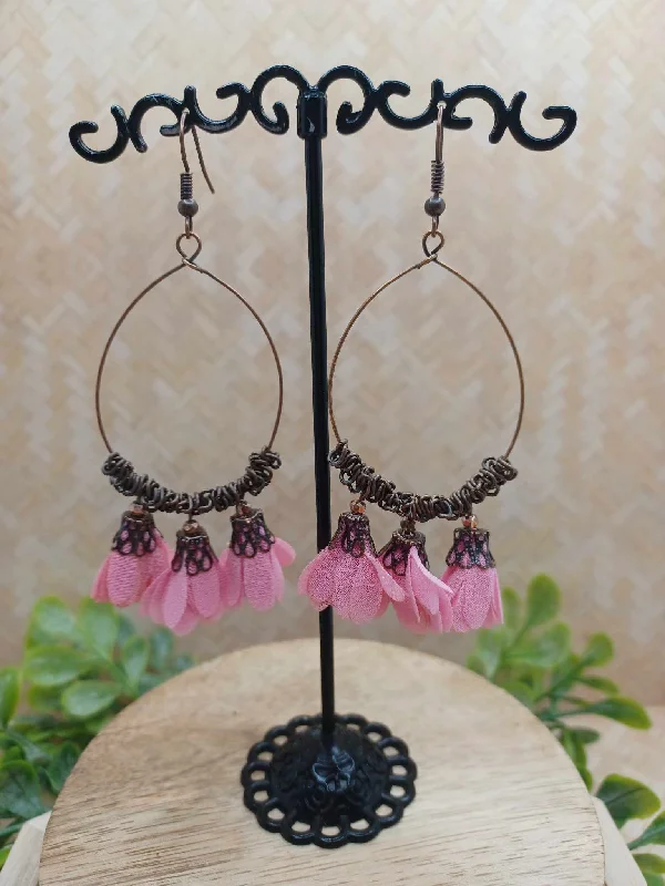 Copper Teardrop Earrings w/ Pink Flower Tassels