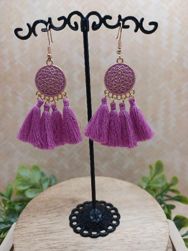 Purple Design Earrings w/ Tassel & Gold Detailing