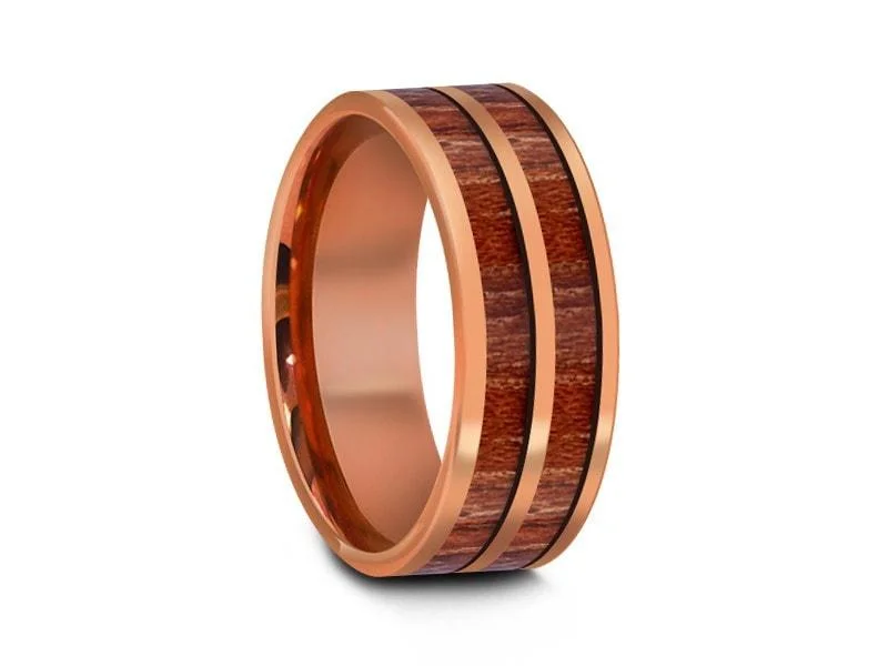 8MM HAWAIIAN Koa Wood Tungsten WEDDING BAND FLAT AND ROSE GOLD INTERIOR