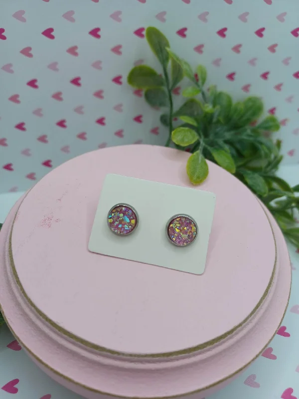 Light Pink Druzy w/ Iridescent Glitter Earrings