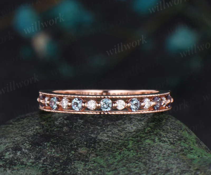 Alexandrite wedding band solid 14k rose gold Milgrain half eternity diamond anniversary ring women men gift