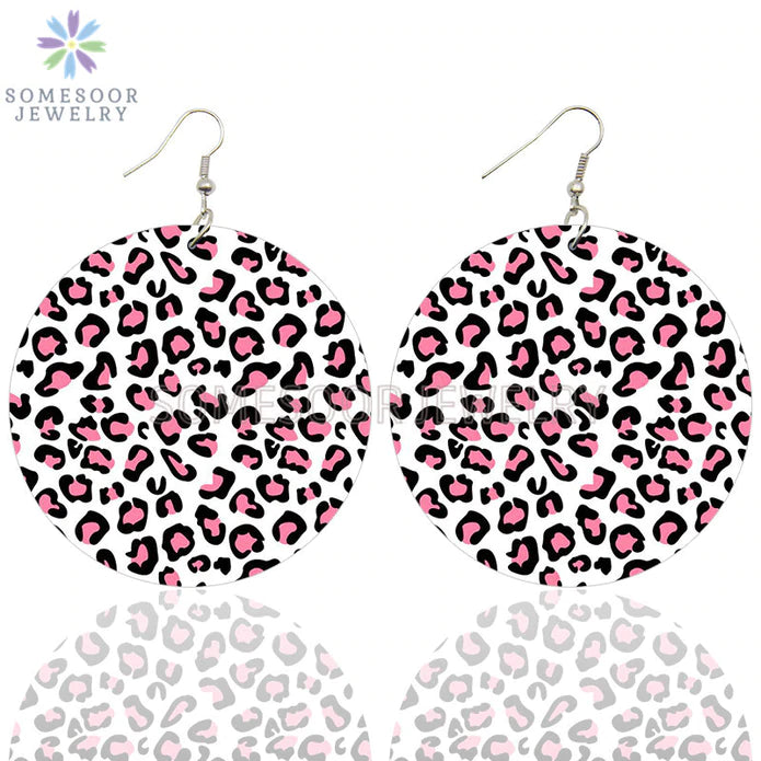 Pink & White Leopard Wooden Earrings