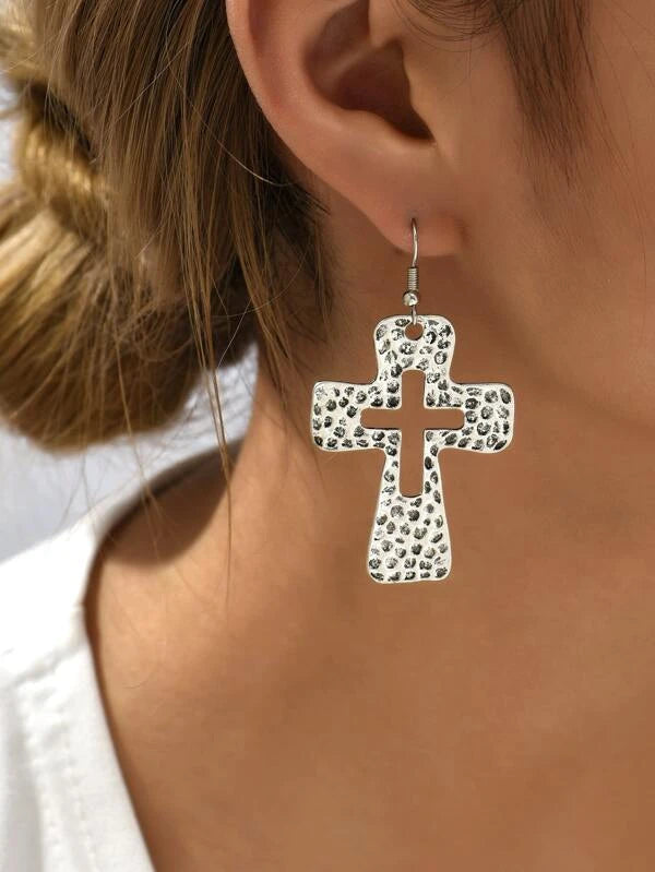 Silver Textured Cross Earrings