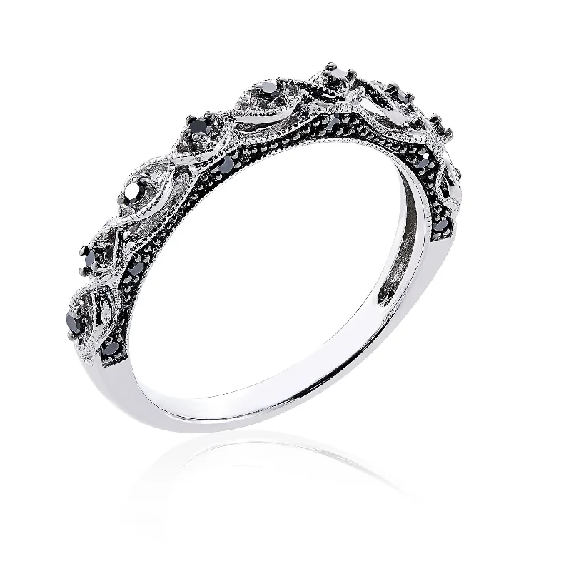 Miadora 10k White Gold 1/8ct TDW Black Diamond Stackable Wedding Band Ring