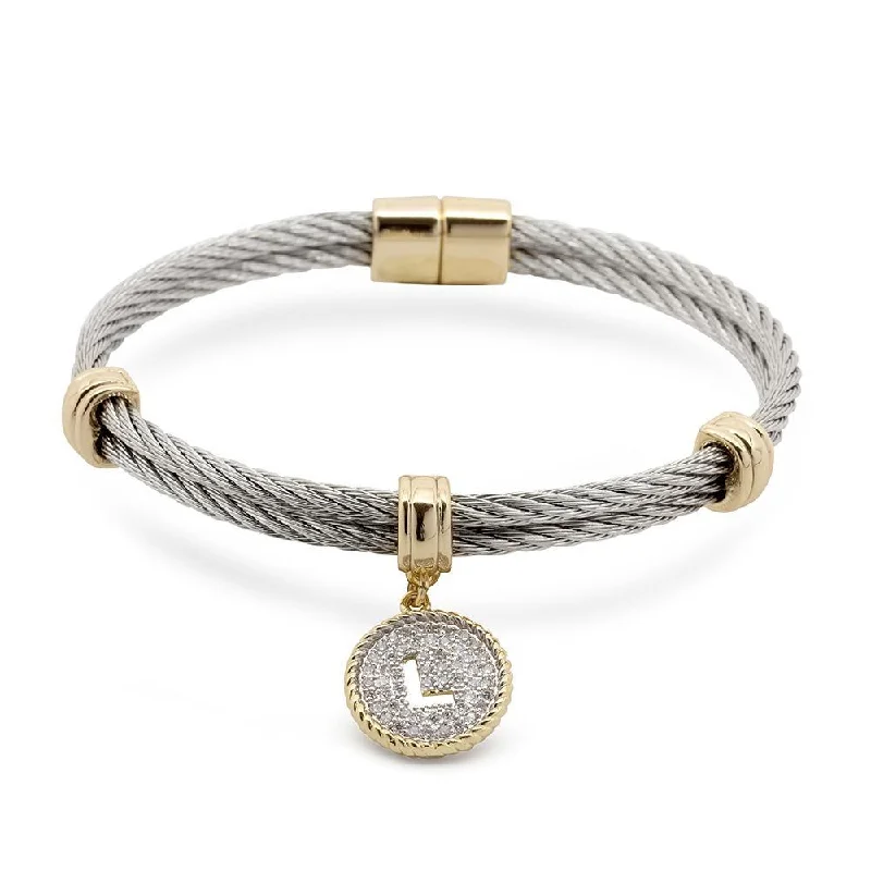 Stainless Steel Two Tone Wire Bangle CZ -L