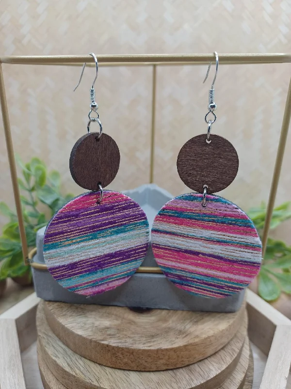 Purple, Blue, White, & Glitter Striped Leather & Wooden Earrings