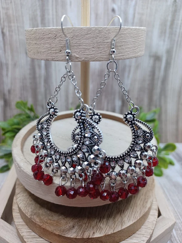 Silver Fan Style Earrings w/ Red Beading & White Rhinestone Accents