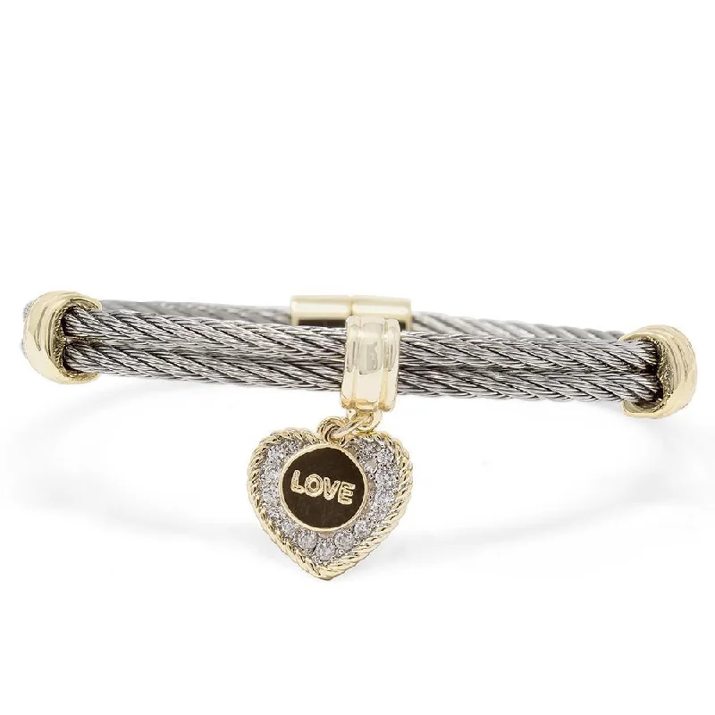 Stainless Steel Two Tone Double Wire Bangle Pave Heart Love