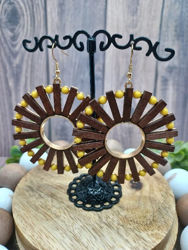 Brown Wooden Earrings w/ Yellow Beading