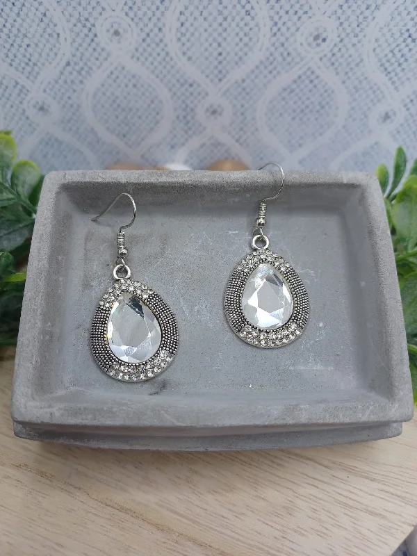 Silver Teardrop Rhinestone Earrings