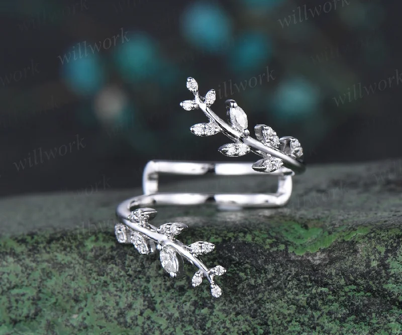 Leaf diamond wedding band enhancer wraps solid 14k white gold cluster double open gap wedding ring women unique anniversary gift